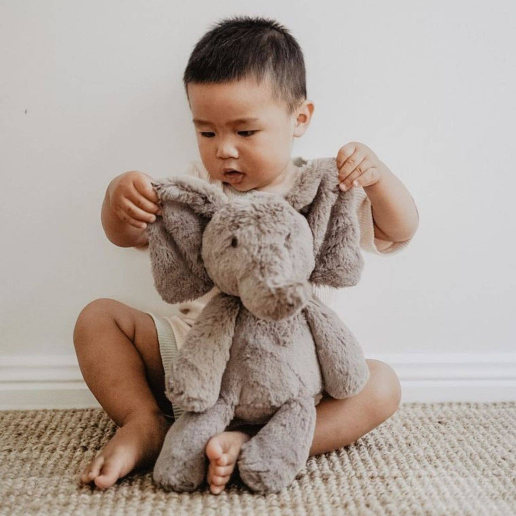 Gray plushie elephant, soft fur, butterfly ears, 13.5 inches, stuffed animal, every baby's snuggle buddy, nursery toy, nursery stuffed animal 