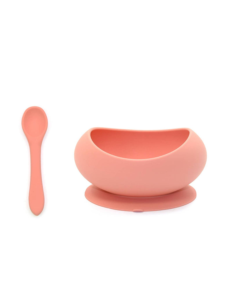 Toddler bowl, toddler spoon stage 1, silicone, soft, safe, bpa free, suction bottom, salmon pink color