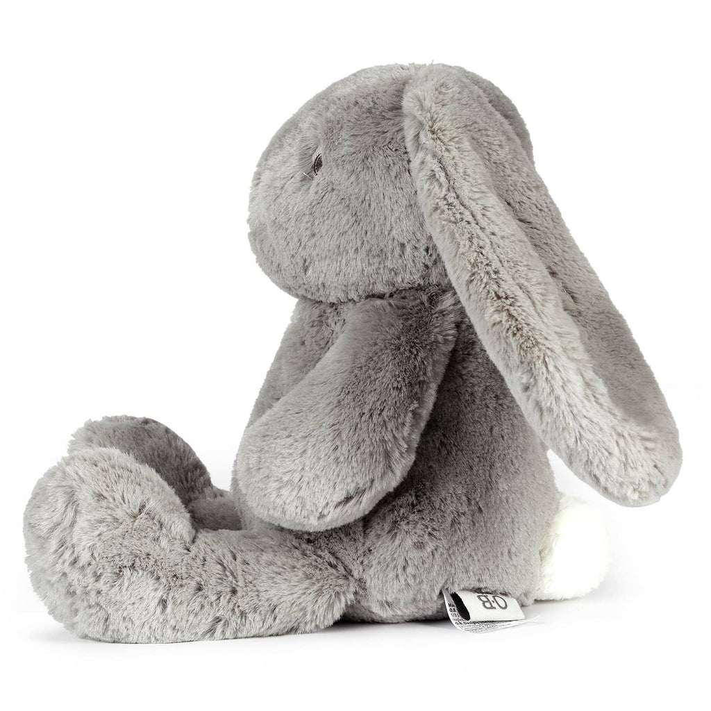 Gray plushie bunny, white fluffy tail, floppy ears, soft fur, 13.5 inches, stuffed animal