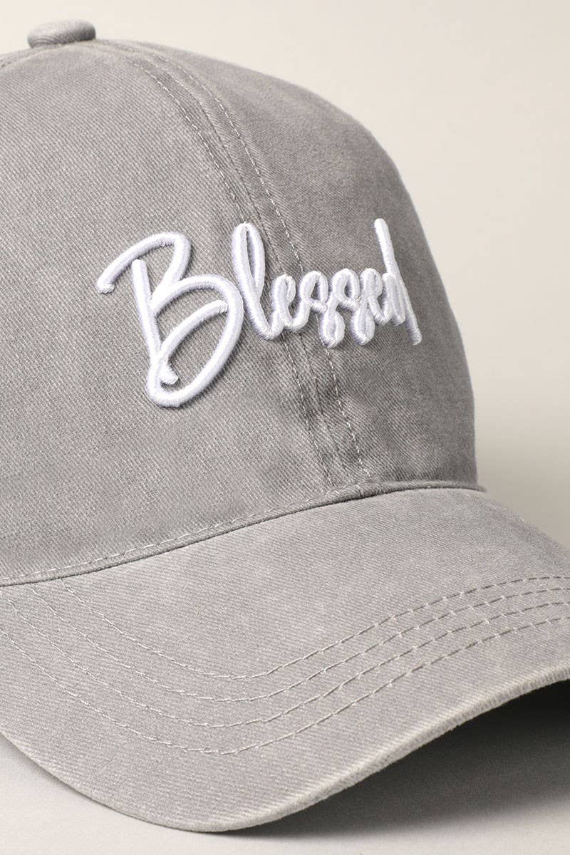 "Blessed" lettering, 6 panel design, pre-curved visor, comfortable fit, 100% washed cotton, adjustable metal strap
