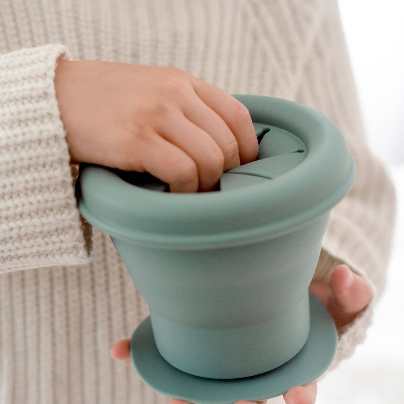 Silicone snack cups, easy access top, toddler, blue, cream or salmon pink, collapsible, easy storage