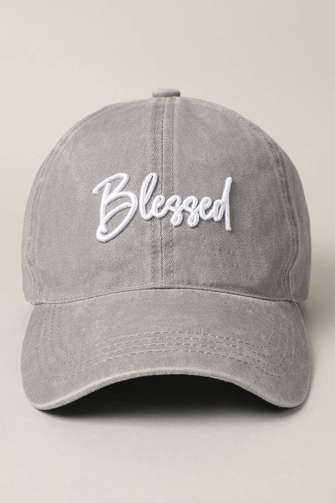 Gray, "Blessed" lettering, 6 panel design, pre-curved visor, comfortable fit, 100% washed cotton, adjustable metal strap,