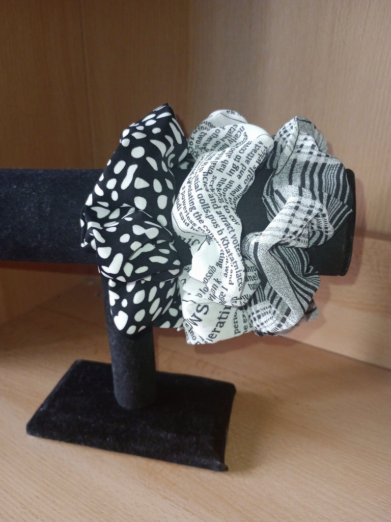 Scrunchie, 3 pack, polkadot, black and white, newspaper print, flannel black and white, women or children 