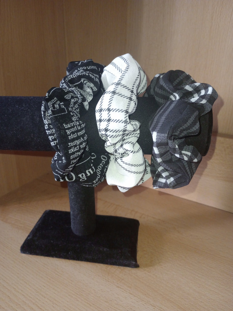 Scrunchie, 3 pack, newspaper print, white letters black background, flannel, black squares, white background, flannel black and white, for women or children 