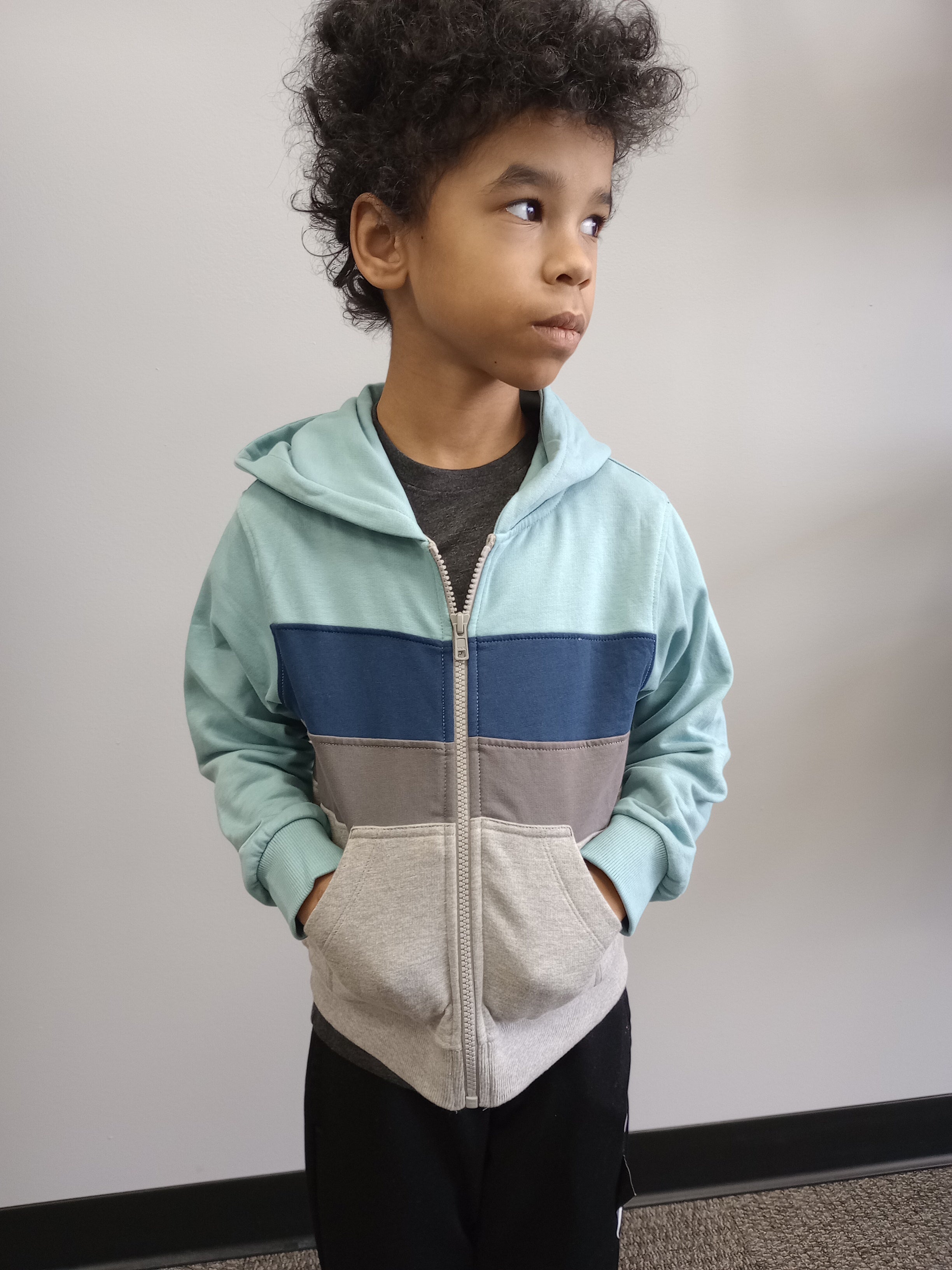 Boys hoodie, light blue, dark blue, light gray, dark gray, stripes, hood, zipper front, cotton, polyester, pockets, children 