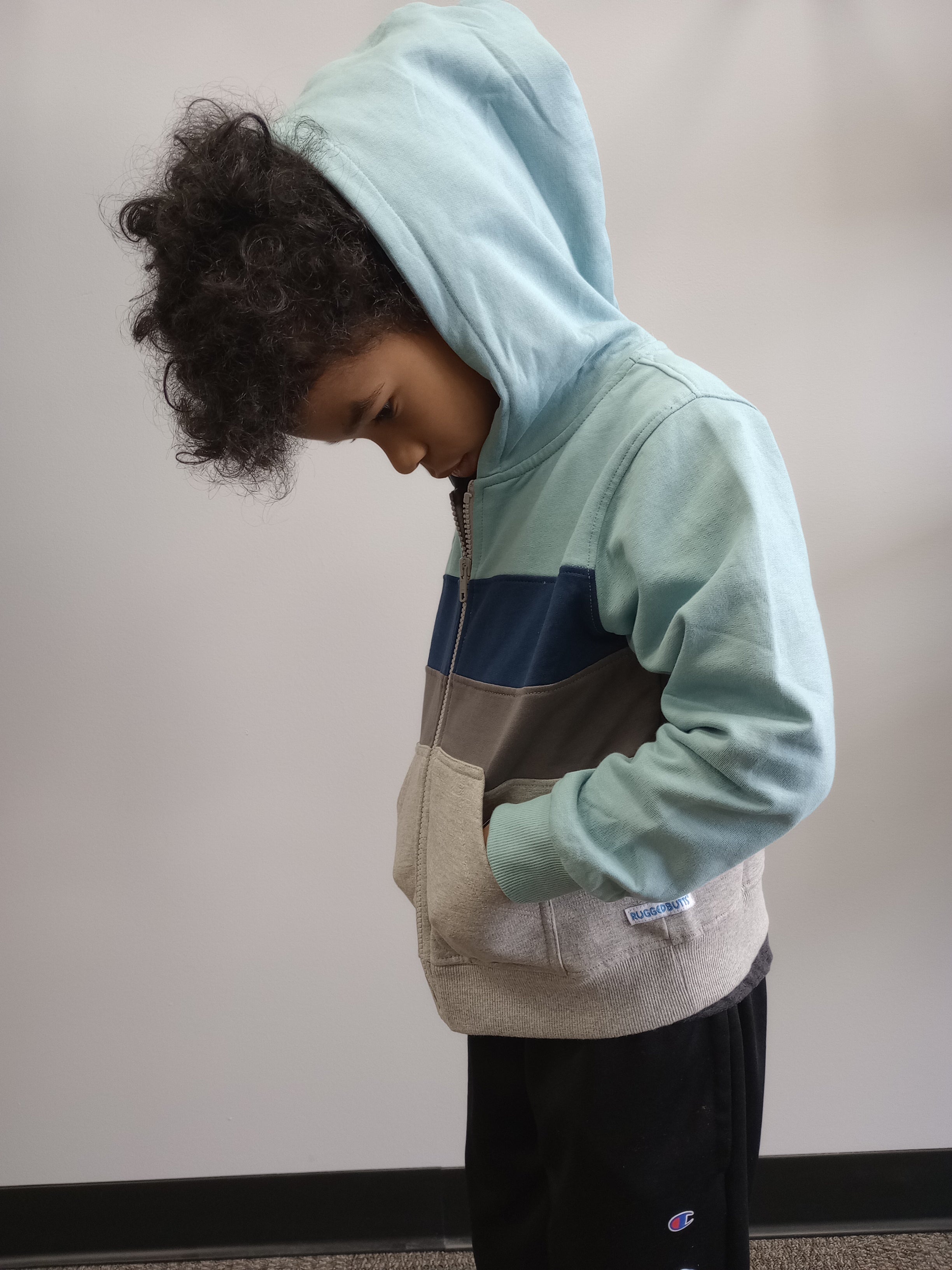 Boys hoodie, light blue, dark blue, light gray, dark gray, stripes, hood, zipper front, cotton, polyester, pockets, children