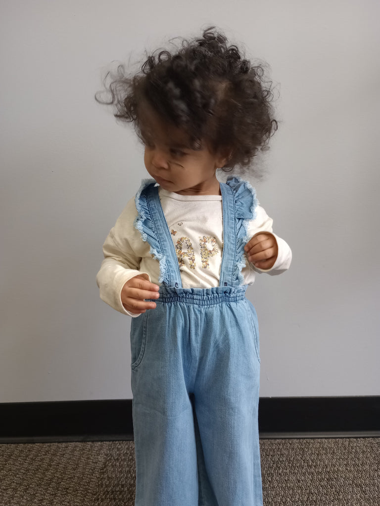 Little girl, comfy overalls, light blue denim 