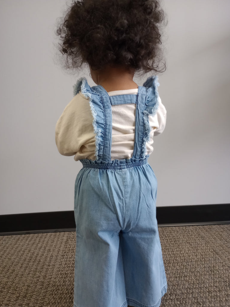 Denim light wash, blue, supported back, ruffle straps, light weight overalls