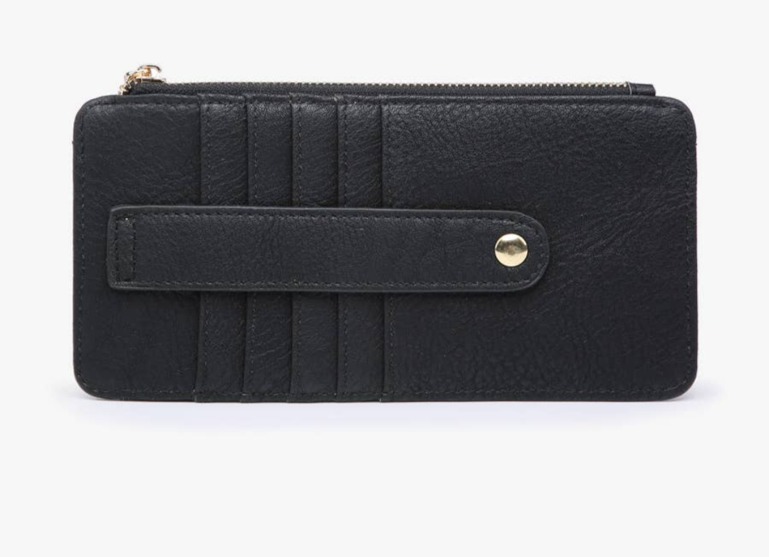 Black, Slim, card holder, change pouch, card slots, gold hardware,, secure snap