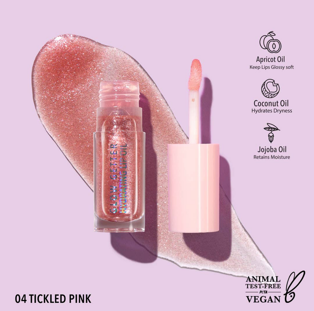 Tickled pink, Lip oil, hydrating, coconut oil, Jojoba oil, apricot oil, glitter, pink color, vegan