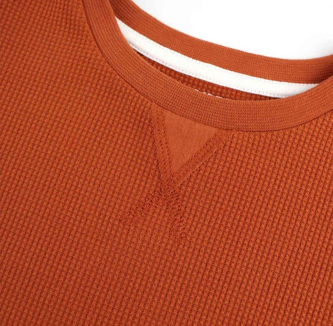 Close up front detailing, cross patch, sienna waffle knit shirt
