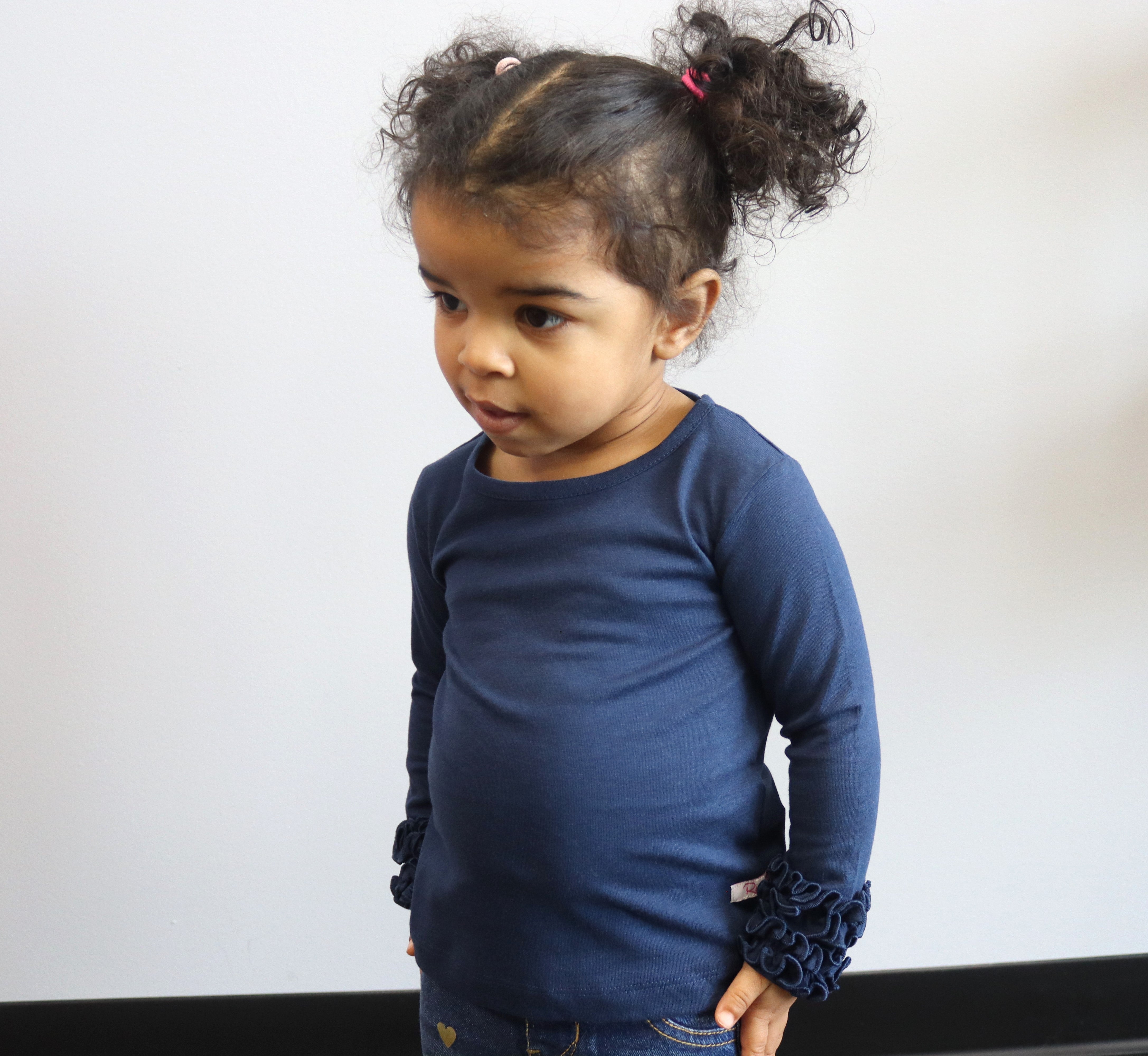 Navy blue top, ruffle detail, children, girls