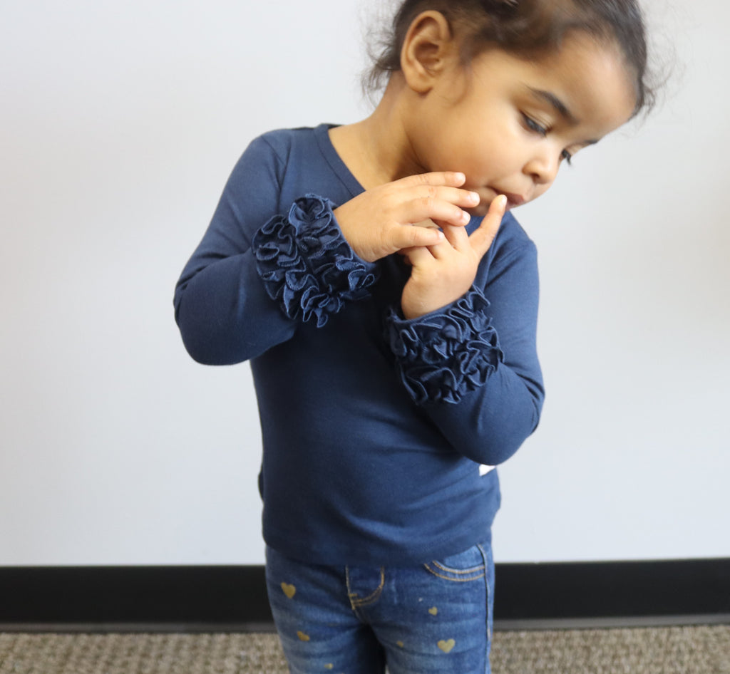 Ruffle sleeve, long sleeve top, girl, child, navy blue