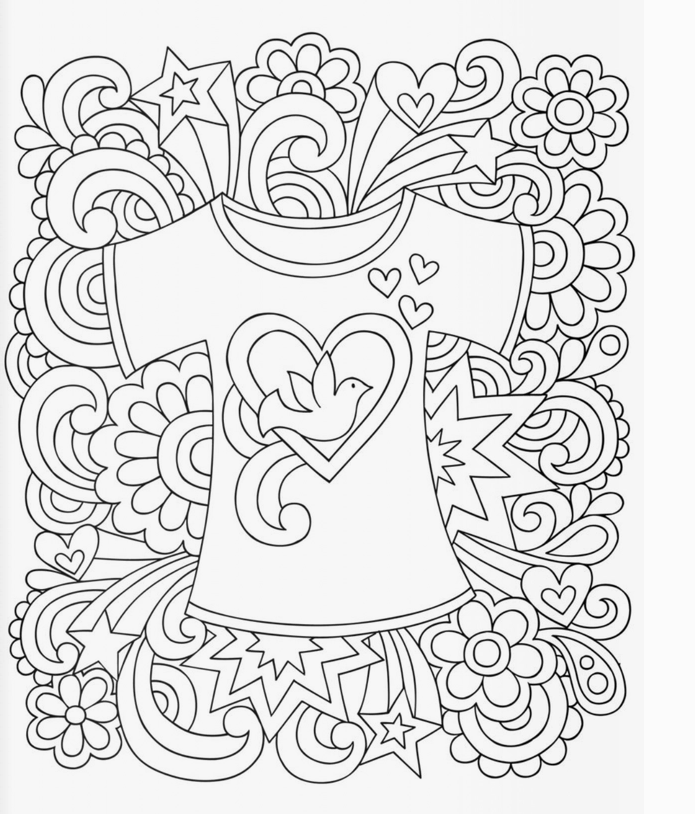 Coloring page, fashion, shirt with dove, hearts, flowers, fashion coloring page, design and color your own fashion 