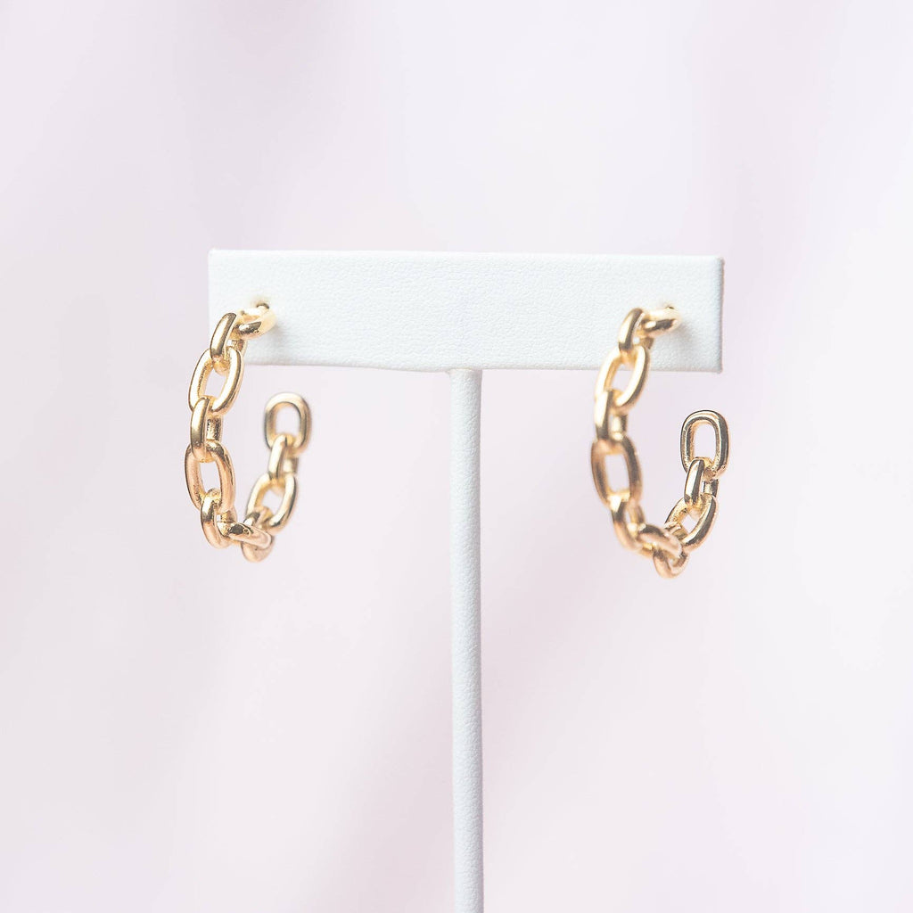 Chain hoop earrings, USA made, 18K gold plated, hypoallergenic, stainless steel, nickel free, lead free, cadmium free