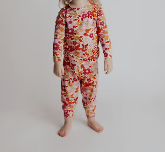 Floral, lounge wear, girl, child, red, pink, orange, top and pants set