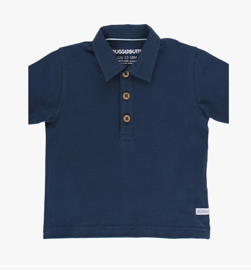 Polo shirt, navy blue, boys , children, brown buttons, collar, short sleeve 