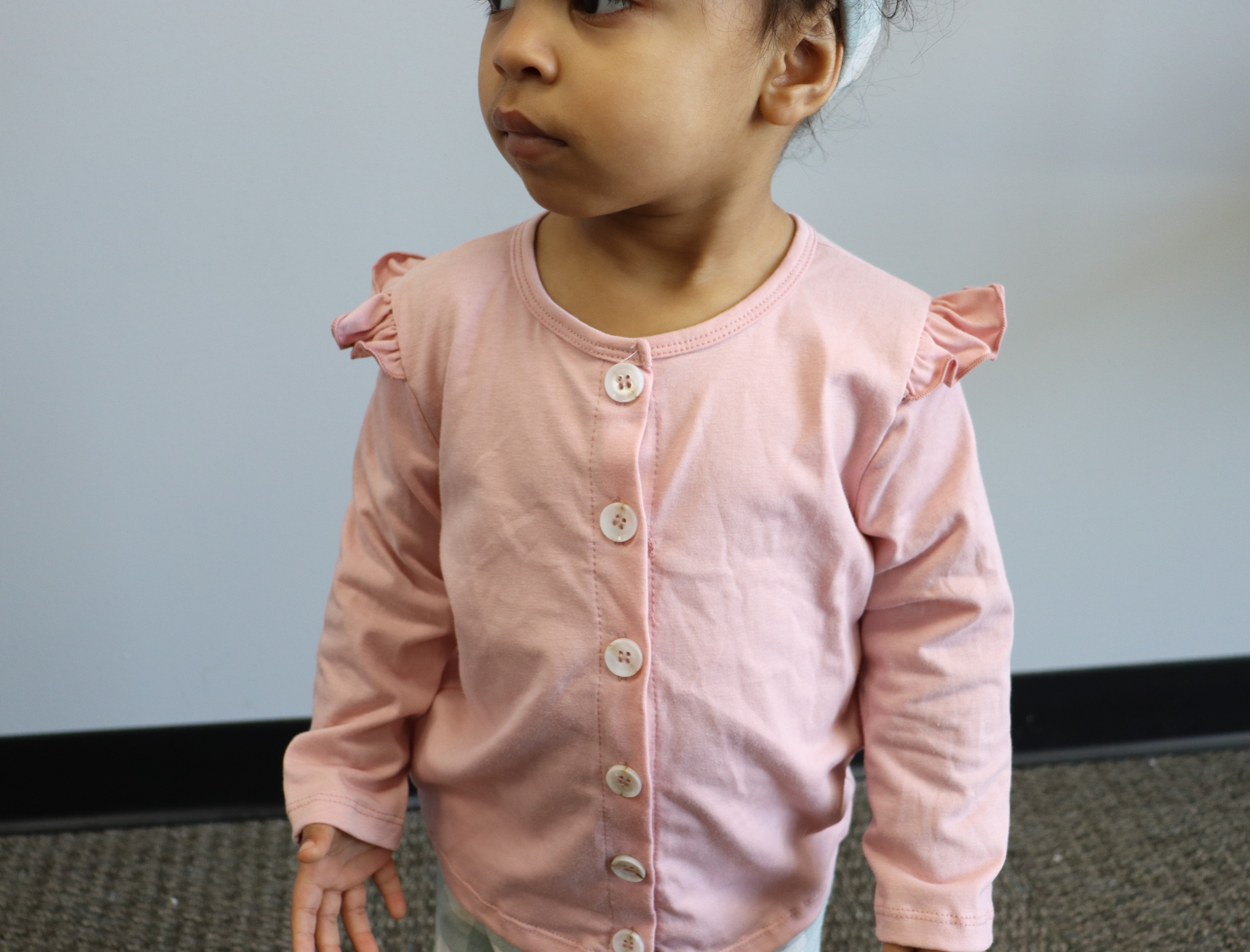 Ruffle shoulder top, pink, white buttons, long sleeve, toddler, girl