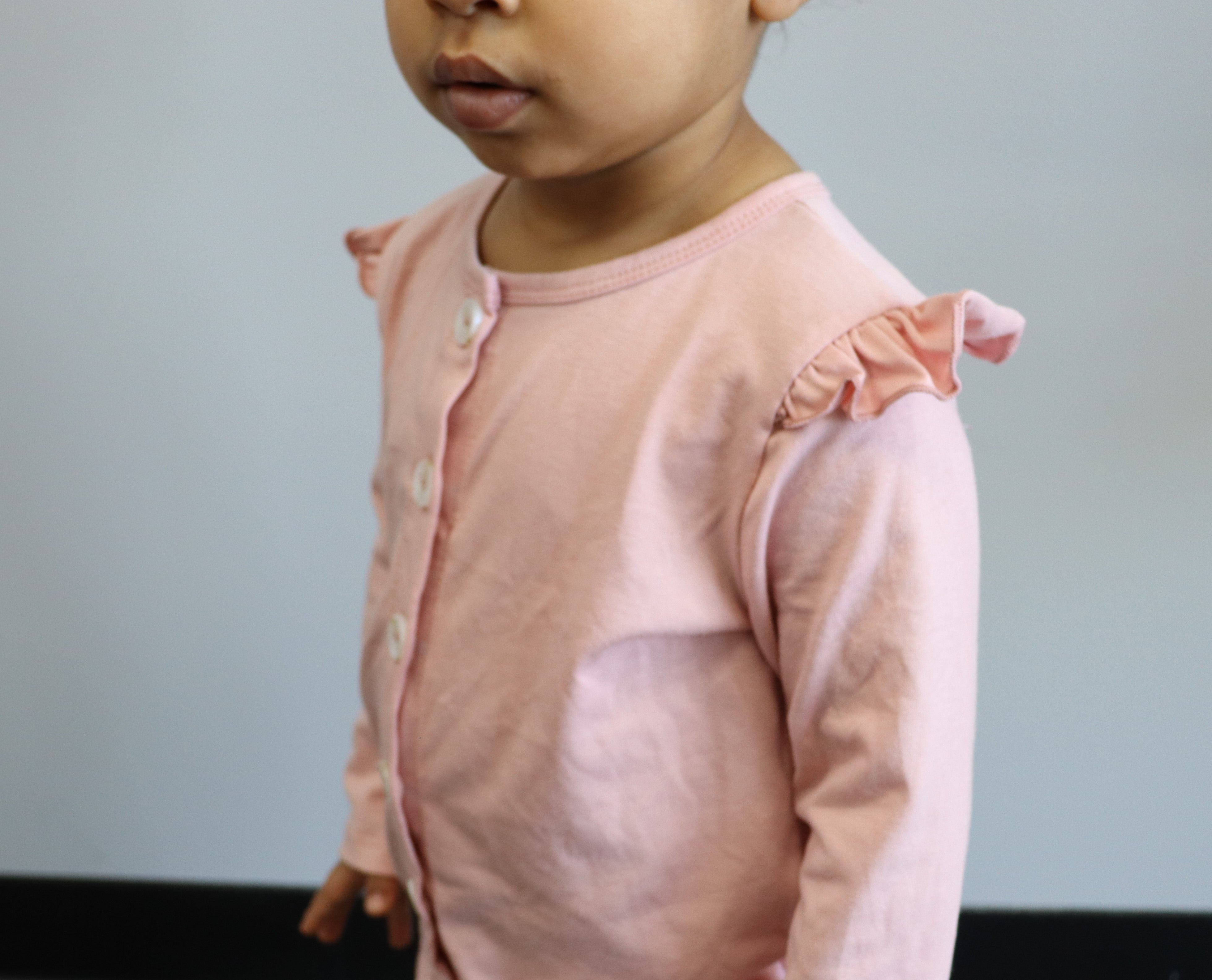 Ruffle, button up top, pink long sleeve top