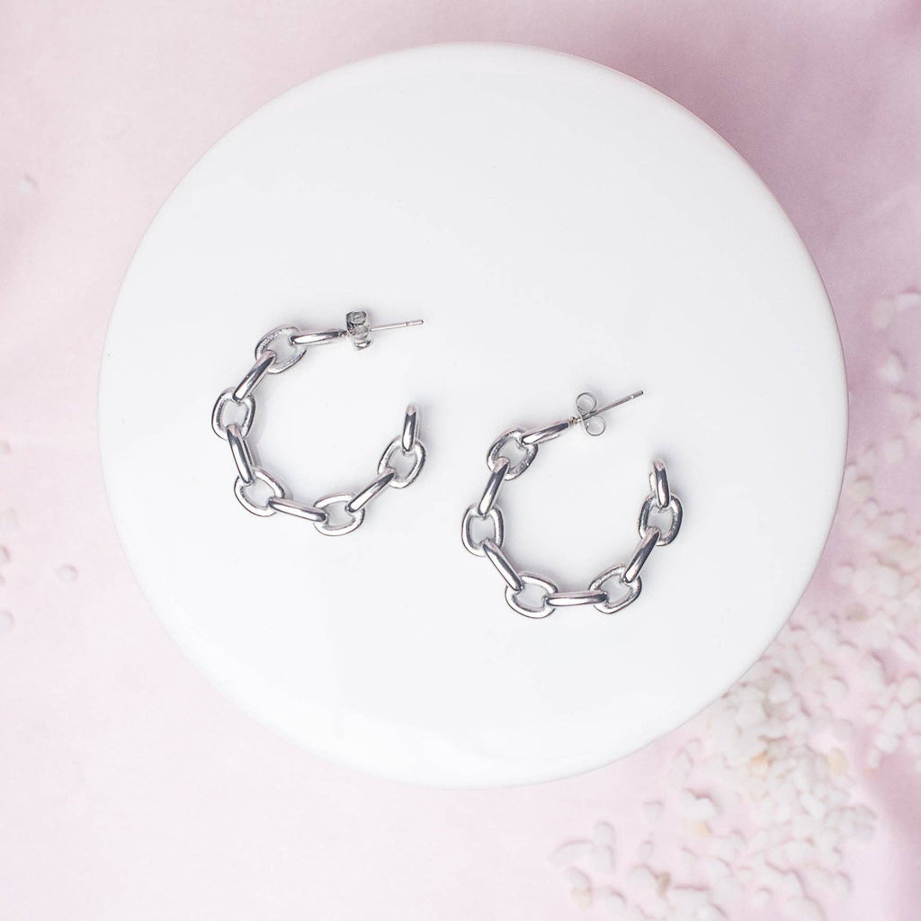 Chain hoop earrings, USA made, hypoallergenic, stainless steel, nickel free, lead free, cadmium free