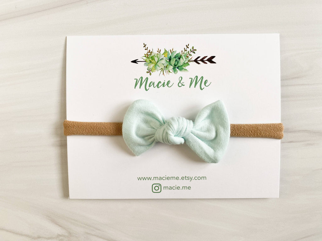 Baby girl, head bow, head band, mint green, brown band