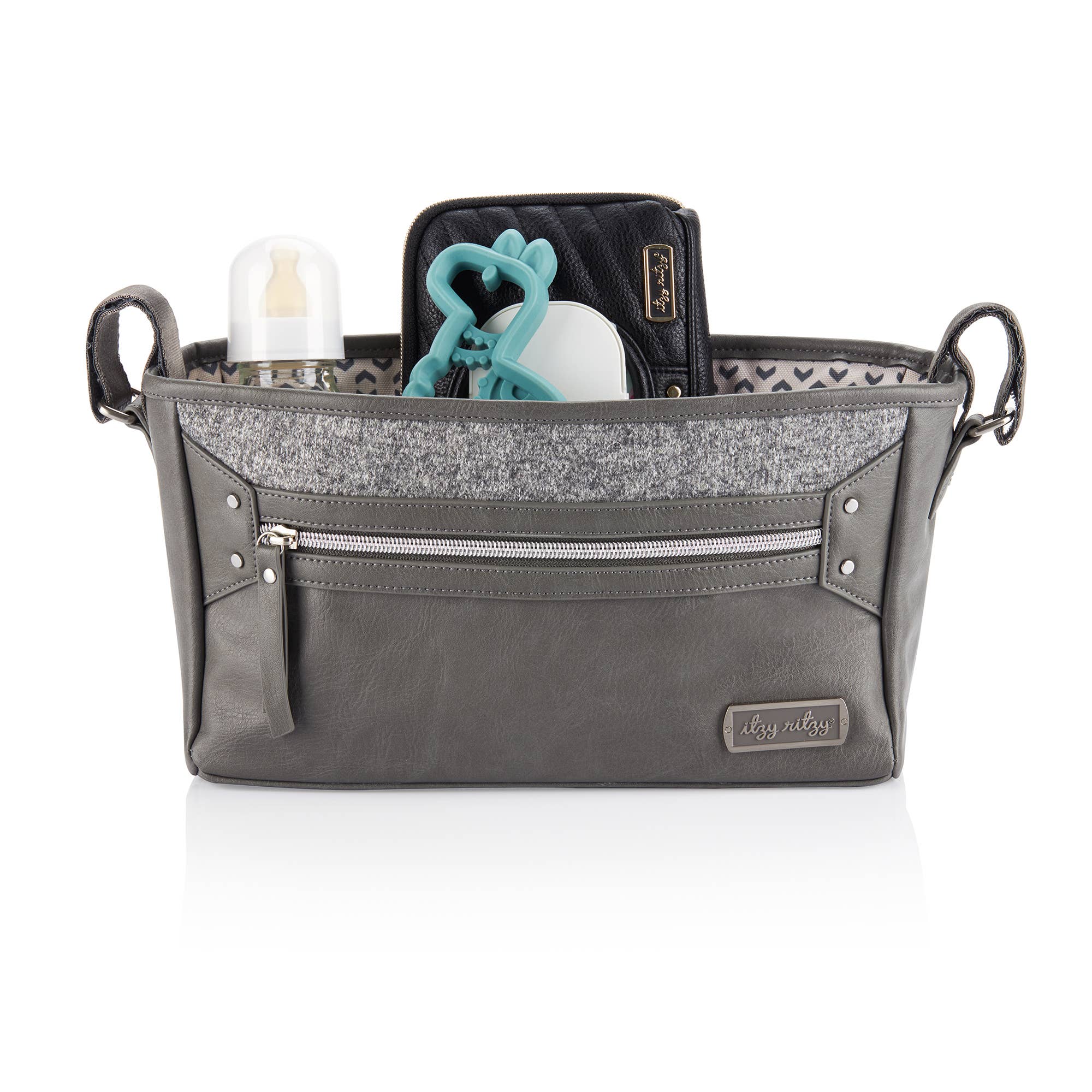 Grey, stroller caddy, gold hardware, adjustable straps, for any stroller, bottle holder, middle pocket, easy to clean