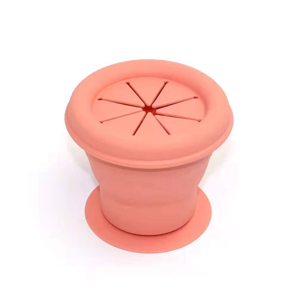 Silicone snack cups, easy access top, toddler, salmon pink, collapsible, easy storage