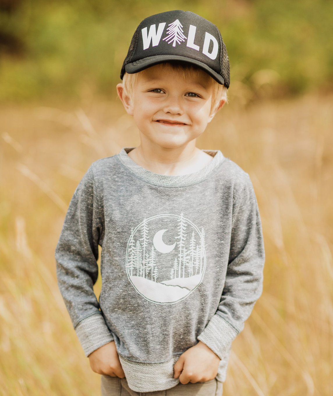 Crescent moon design, long sleeve shirt, gray, boys