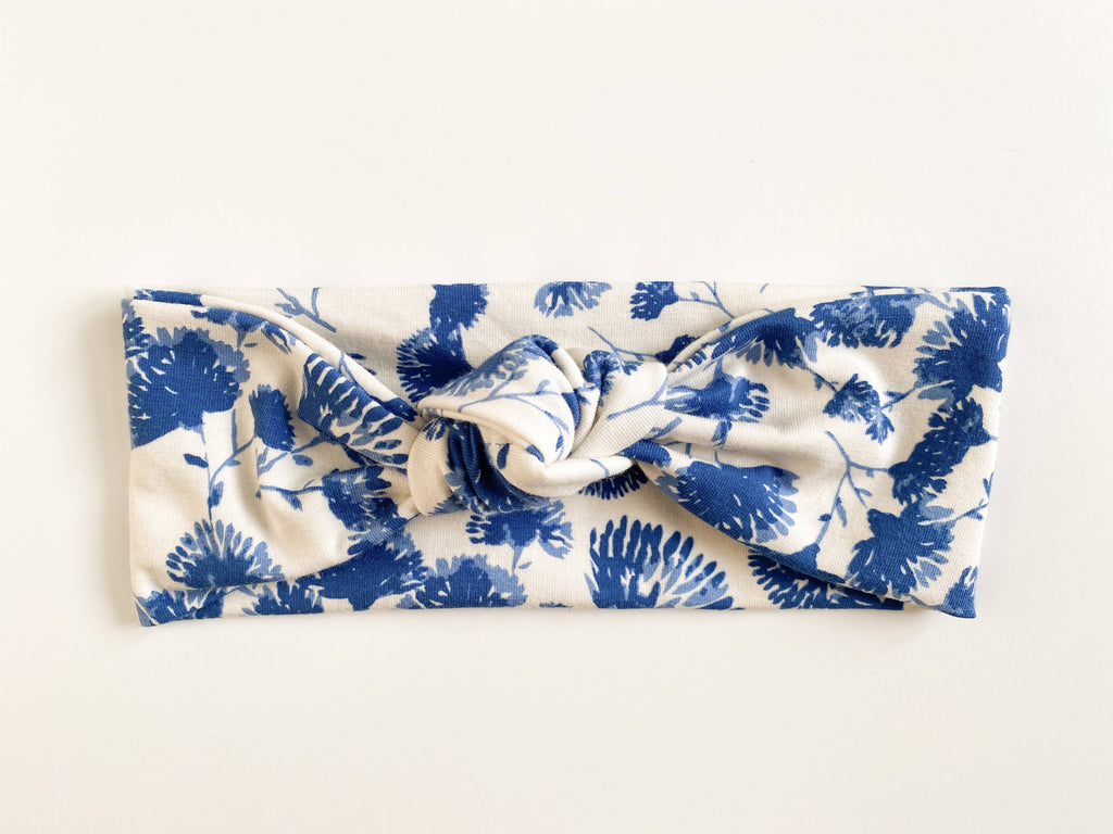 Newborn, headband, blue, dandelion, stretchy, knot tie, 3 inches wide, hidden seam,, 0-6 months