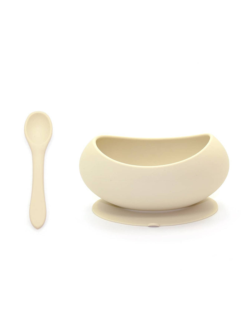 Toddler bowl, toddler spoon stage 1, silicone, soft, safe, bpa free, suction bottom, cream color