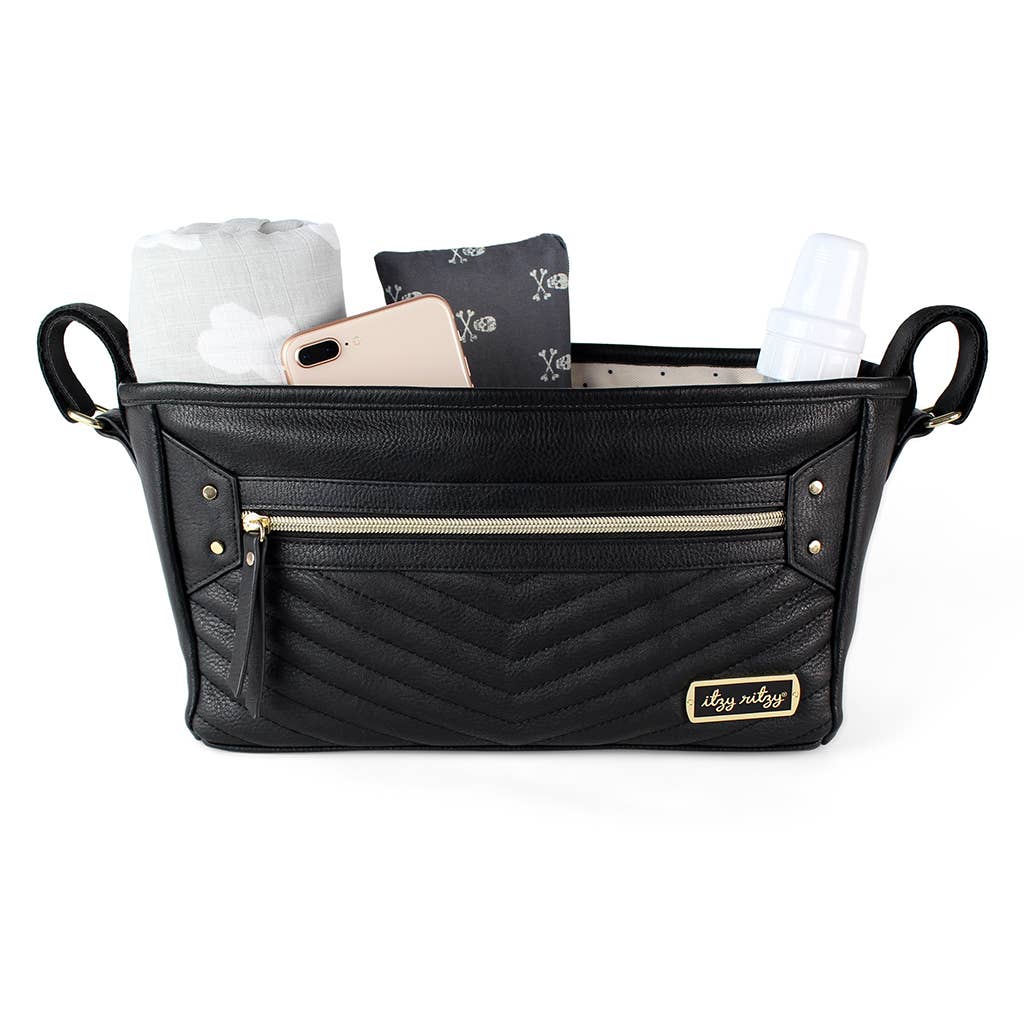Black, stroller caddy, gold hardware,  adjustable straps, for any stroller, bottle holder, middle pocket, easy to clean